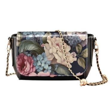 Imagem de Linda flor azul em bolsas de ombro femininas brancas, bolsas de couro femininas transversais, bolsa transversal de couro para mulheres, Floral em azul escuro 2, One Size