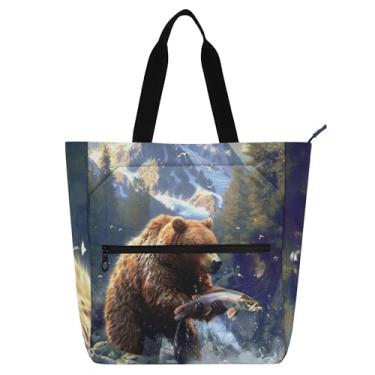 Imagem de GAIGEO Bolsa de ombro com estampa de urso peixe rio para mulheres e crianças com compartimento com zíper, escola, trabalho, viagem, reutilizável