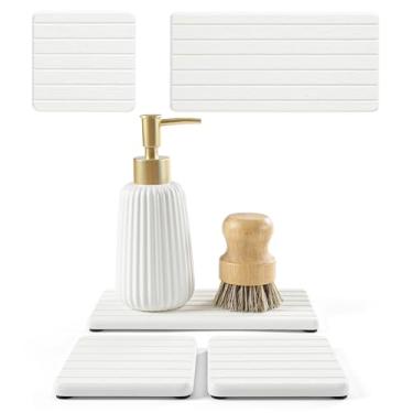 Imagem de Pacote com 3 bandejas de pia de pedra de diatomita, tapete absorvente de água para balcão de cozinha e banheiro, saboneteira de secagem rápida, organizador de esponja, branco - 2 peças de 20 x 9,7 cm