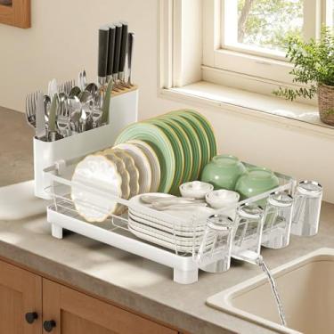Imagem de Runnatal Escorredor de louça grande com conjunto de drenagem, escorredor de pratos de aço inoxidável, 4 em 1 destacável, grande capacidade, 2 camadas, escorredor de pratos antiferrugem para balcão de