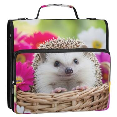 Imagem de Fichários rosa de 3,8 cm com 3 anéis, lindo ouriço, jardim, floral, com zíper, vários bolsos, pasta de portfólio grande, bolsa escolar com alça de ombro