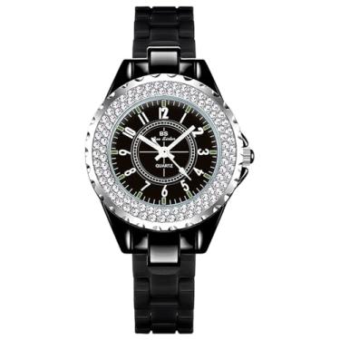 Imagem de Gosasa Relógio de pulso feminino de luxo moderno com strass branco relógio casual feminino lindo relógio social, B Preto