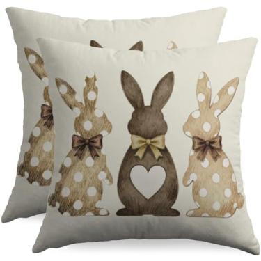 Imagem de Conjunto de 2 capas de almofada de coelhinho da páscoa 45,7 x 45,7 cm com estampa de laço de coelho marrom de bolinhas para primavera e férias decorativas ao ar livre sazonais fazendas para sofá-cama