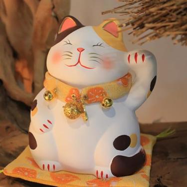 Imagem de FENNYYAR Ornamento de gato de três flores estilo japonês de cerâmica, 13,5 cm 13,5 cm, estátua de decoração de casa de gato da sorte