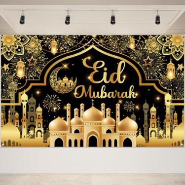 Imagem de Eid Mubarak Banner pano de fundo brilhante lua crescente Al-Fitr Ramadã Eid Mubarak placa de decoração para festival muçulmano islâmico fotografia cabine de estúdio porta de parede preto ouro bandeira