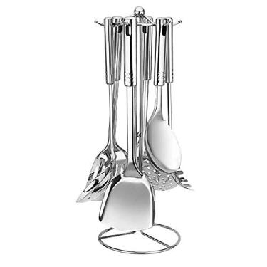 Imagem de Bancada moderna de aço inoxidável com 6 ganchos rotativos para utensílios de cozinha, cabide organizador de armazenamento, conjunto de 7