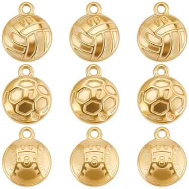 Imagem de SUNNYCLUE 1 caixa 18 peças de pingentes de bola de futebol banhado a ouro 18 quilates de aço inoxidável com tema esportivo de vôlei rúgbi pingentes para joias suprimentos DIY colar pulseiras adulto