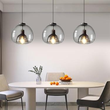 Imagem de Luminária pendente E27 em vidro, estilo nórdico moderno, para mesa de jantar, com cúpula em vidro cinza fumê e altura ajustável, ideal para iluminação de cozinha, sala de estar, quarto e sal