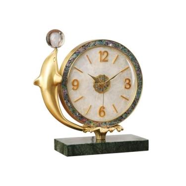 Imagem de KEG801302 Decoração de casa Golfinho Decorativo Relógio de Mesa Sala de Estar Relógio de Mesa Ornamento Luz Luxo Latão Relógio de Mesa Bancada