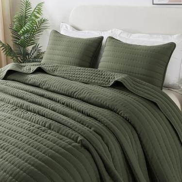 Imagem de ROARINGWILD Conjunto de colcha queen verde-oliva com ponto de palheta listrado, colcha rústica de casa de fazenda de canal macio, edredom fino para primavera, verão, roupa de cama, 228 x 228 cm