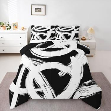 Imagem de Erosebridal Conjunto de edredom Queen abstrato branco e preto, geométrico, simples, moderno, graffiti, linha minimalista, moderno, moderno, com enchimento contemporâneo, decoração de quarto