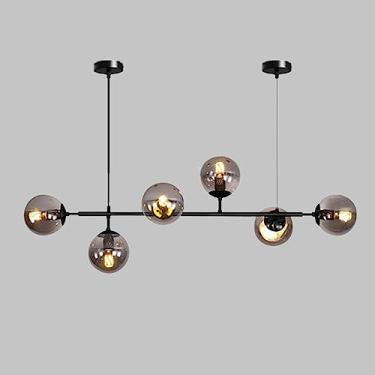Imagem de Lustre linear moderno com 6 lâmpadas em formato de globo de vidro, estilo meados do século XX, luminária pendente retangular para ilha de cozinha, sala de jantar, restaurante e sala de estar