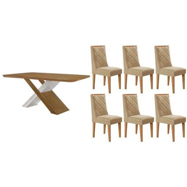 Imagem de Conjunto: Mesa Sala Jantar Imperatriz Curvo 180cm e 6 Cadeiras Pietá Naturale/Off White - Linho Bege - Rufato