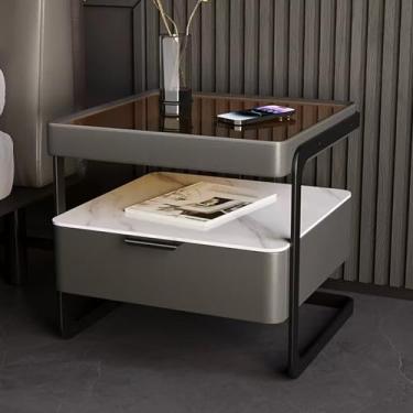 Imagem de Mesa de cabeceira com gavetas, mesa de cabeceira de madeira, mesa de canto superior de vidro temperado, suporte de cabeceira com compartimento aberto, para quarto e sala de estar (cor: cinza médio 2