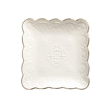Imagem de SXAYTLH Contorno do prato de jantar, prato de cerâmica banhado a ouro em relevo, prato redondo, prato quadrado, 25 cm, branco
