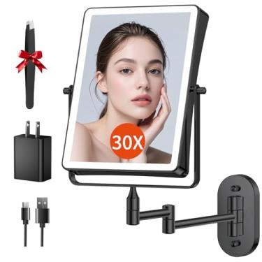 Imagem de FUNTOUCH Espelho de maquiagem recarregável de 5000 mAh montado na parede com luzes, espelho de ampliação de 22 cm dupla face 1X/30X com luz regulável em 3 cores, braço oscilante estendido, suporte de