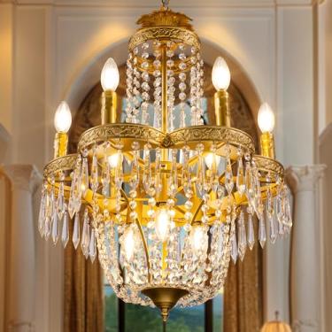 Imagem de TOCHIC Lustre de cristal, lustre de cristal império francês de 9 luzes, lustres pendentes de fazenda rústica, luminária de teto dourada ajustável para sala de jantar, sala de estar, quarto, hall de
