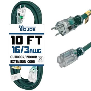 Imagem de YOJOE Cabo de extensão verde iluminado ao ar livre de 3 metros - Cabo de extensão SJTW 16/3 com plugue aterrado de 3 pinos - Cabo de extensão calibre 16 para jardim, gramado, decorações ao ar livre