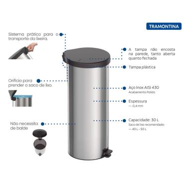 Imagem de Lixeira Inox com Pedal New Tramontina com Acabamento Polido 30 L