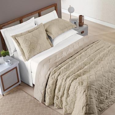 Imagem de Kit Cobre Leito Colcha Katarine King 03 Peças Dupla Face MicroPercal 300 Fios Detalhado - Cáqui