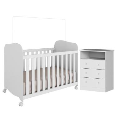 Imagem de Jogo De Quarto Infantil Com Cômoda 3 Gavetas Smim E Berço Uli Branco Brilho - Móveis Peroba