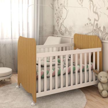 Imagem de Berço Americano Sueño com Rodízios 100% Mdf Branco Brilho/Amêndoa - Panorama Móveis