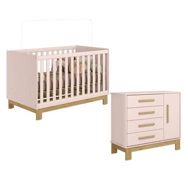 Imagem de Kit Berço Americano e Cômoda Sapateira Q Encanto Slim 4 Gavetas MDP 74cm Rosa Qmovi