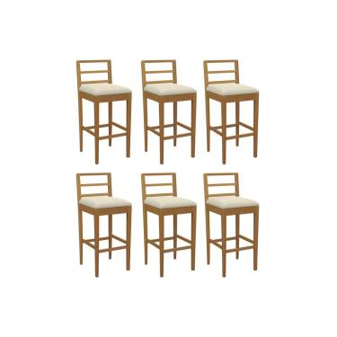 Imagem de Banqueta Cozinha Sofia 1BMM006CA Premium Madeira Maciça Kit 6 Un Carvalho/Linho Bege Argila Kappesberg