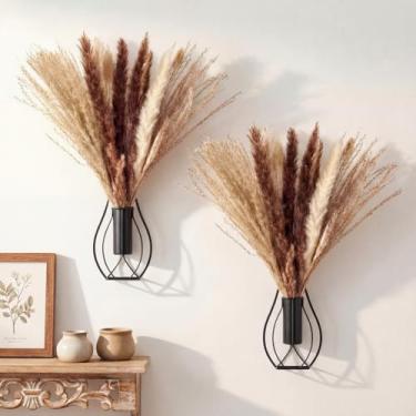 Imagem de Otoolling 2 peças de decoração de parede boho arte de parede de metal com pampas artificiais montado na parede moderna decoração de casa vaso de arte para pendurar plantas para quarto, sala de estar