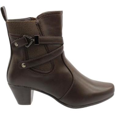 Imagem de Bota Cano Curto Mooncity Salto Geométrico Tiras Feminina, Marrom, 35