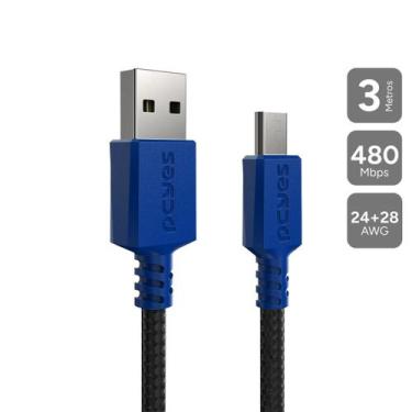 Imagem de Cabo Micro Usb Para Usb A 2.0 - Conector Azul - P/ Ps4 - 3m - Nylon - 