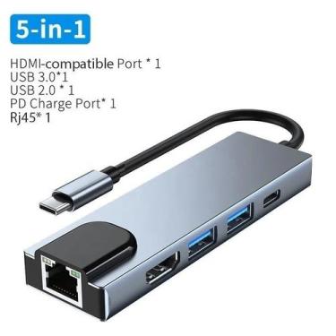 Imagem de Adaptador Hub Tipo-c 5 In 1 Hdmi, 2x Usb, Lan E Type-c - Keedi