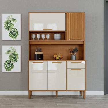 Imagem de Armário de Cozinha Compacto 5 Portas e 1 Gaveta Roma com Puxadores em Mdf Freijó/Off White