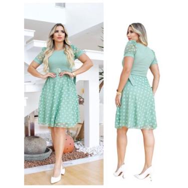 Imagem de Vestido Mídi Manga Princesa tule Poa Forrado Canelado com Cinto no Mei