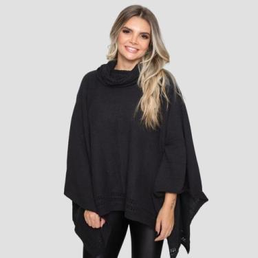 Imagem de Poncho Feminino Tricot Mousse Liso Gola Alta Casaco Lã Inverno - GIP, 