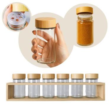 Imagem de Jogo 6 Potes De Vidro Porta Tempero Condimentos 100ml Com Suporte E Ta