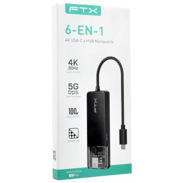 Imagem de Hub USB-C CT-HUBT4-PB 6 Portas HDMI 2 USB SD TF USB-C Fêmea Preto FTX com Manual e Certificado de Garantia