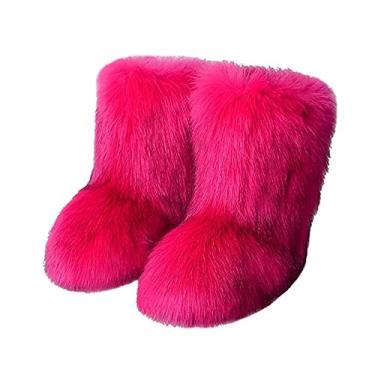 Imagem de TangDao Botas coloridas de pele sintética para mulheres, felpudo, felpudo, bico redondo, camurça, inverno, confortável, pelúcia, quente, curto, botas de neve, botas de cano médio para