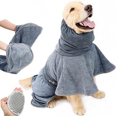 Imagem de Toalha de cachorro casaco de secagem de cachorro grande roupão de banho de microfibra super absorvente para cães com escova de banho, tratamento de cuidados de banho de secagem rápida para cães médios e grandes, macio e confortável protege o pelo do cão (M)
