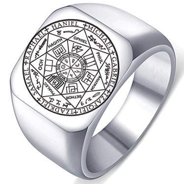 Imagem de Dacai Anel de aço inoxidável polido The Seals of The Seals of The Seven Archangels Protection Amulet Seal Solomon Kabbalah masculino feminino, Metal, Sem pedra preciosa