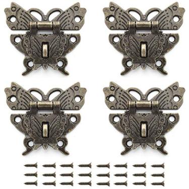 Imagem de SDTC Tech Caixa de joias retrô de bronze vintage, fecho de coldre antigo, em forma de borboleta, com orifício para cadeado para decoração de armários antigos, artesanato, caixa de madeira, acessórios para móveis