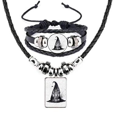 Imagem de Conjunto de joias de pulseira de couro bruxa de Halloween chapéu de feiticeiro com efeito de tinta