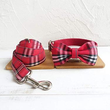Imagem de Coleira para cães personalizada para cães grandes linda gola xadrez escocesa com gravata borboleta ajustável e conjunto de coleira para cães