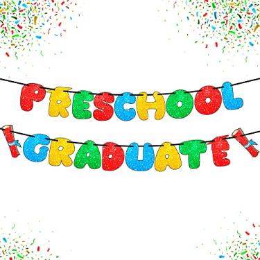 Imagem de Banner de graduação pré-escolar com glitter colorido, 2022 - tamanho grande, 10 pés | banner para graduação do jardim de infância para crianças | Decoração de festa de formatura pré-escolar 2022 | Fundo de banner para graduação prek parabéns para crianças