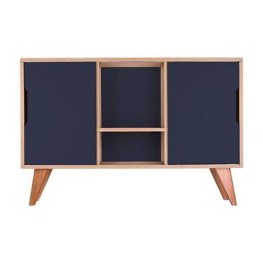 Imagem de Aparador Buffet Retrô com 2 Portas Murano Carvalho e Azul Marinho
