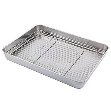 Imagem de Conjunto de assadeira com rack [1 assadeira + 1 rack de resfriamento], assadeira e grelha de aço inoxidável TCOOME - assadeira não tóxica e saudável, resistente à ferrugem e deformação (GG)