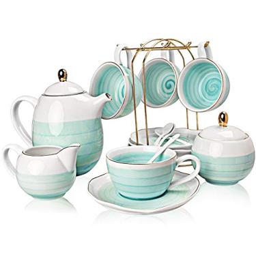 Imagem de Sweejar Conjunto de chá de porcelana, capacidade de 227 g, estilo moderno, cor azul, padrão natural, serviço de chá de 16 peças para 4, inclui bule de chá, açucareiro, jarra de creme, colheres de chá