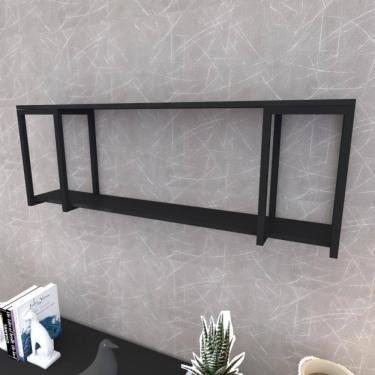 Imagem de Prateleira Industrial Suspensa Estante Parede Nicho Preto Ferro E Madeira Suporte Pratileira