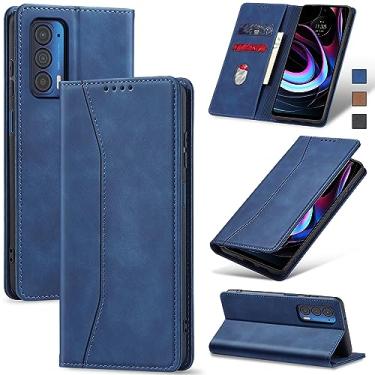 Imagem de Jasonyu Flip Carteira Capa para Motorola Moto Edge (2021),Capinha Folio Magnética de Couro com Suporte para Cartão,Suporte para Chute - Protetora Durável de TPU à Prova de Choque para Telefone,Azul
