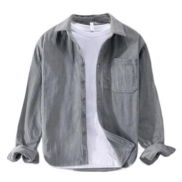 Imagem de Camisetas masculinas japonesas vintage primavera outono veludo cotelê camisas masculinas casuais simples bolso branco camisa masculina, Cinza escuro 9, GG
